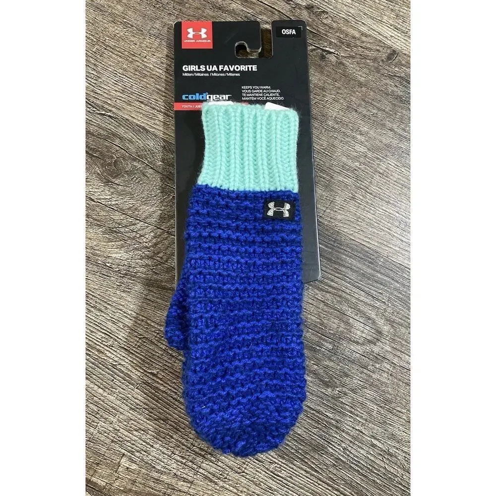 New Under Armour Girls Favorite Cold Gear Mittens Youth One Size Green Blue